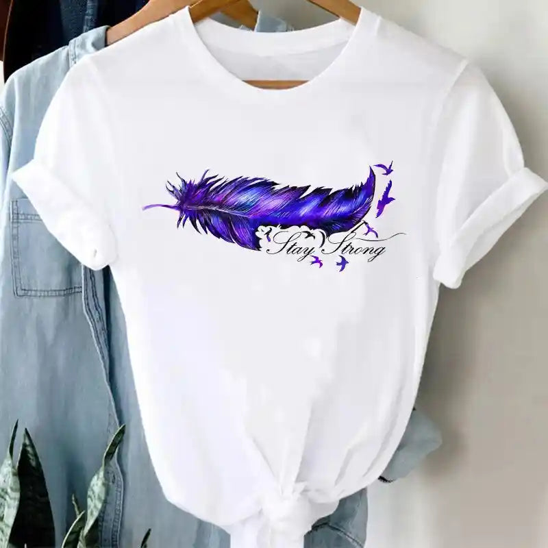 White Funny Cartoon Print T Shirt for Men and Women Feather