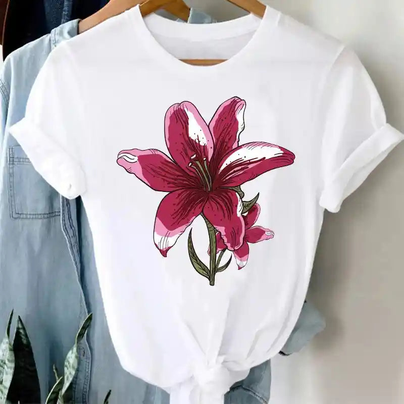 White Funny Cartoon Print T Shirt for Men and Women Flower