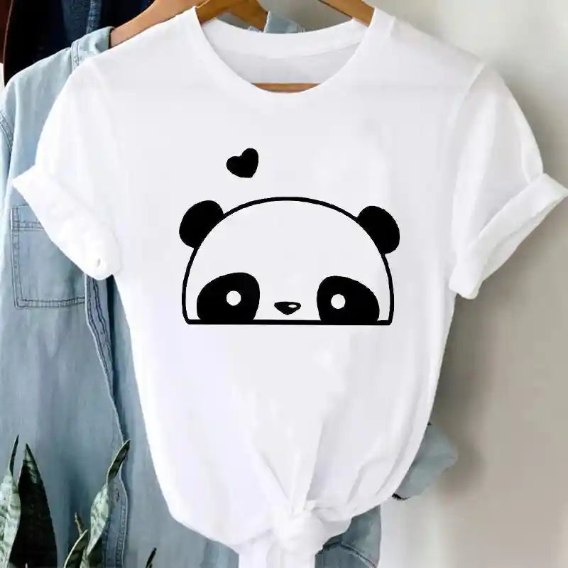 White Funny Cartoon Print T Shirt for Men and Women Panda