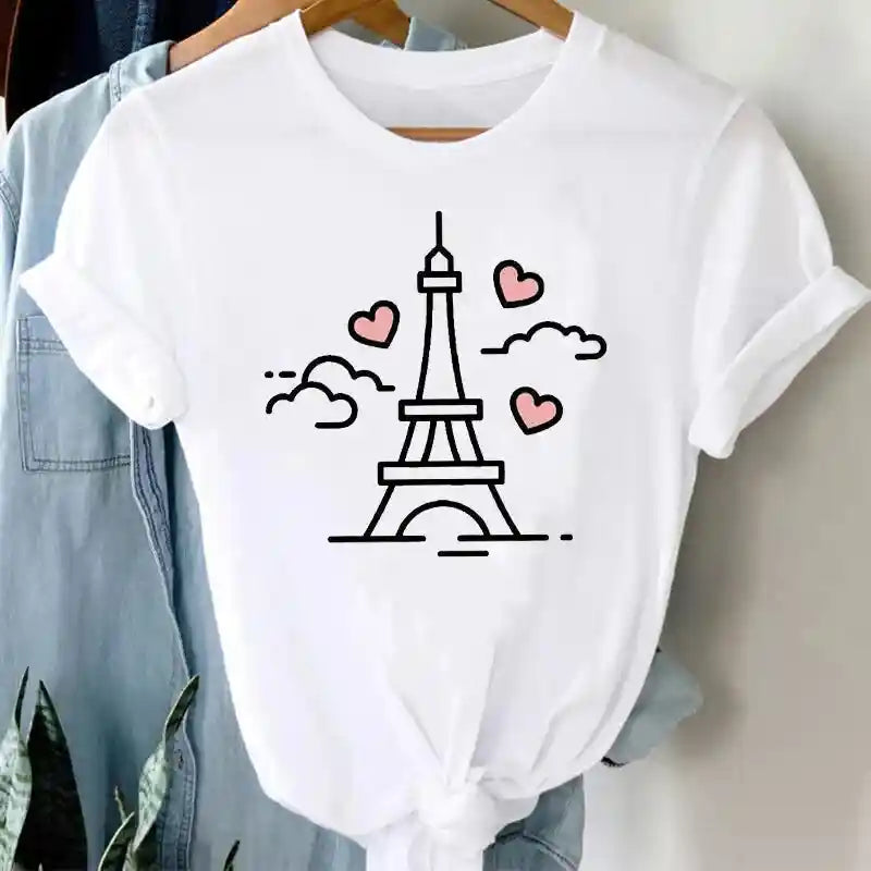 White Funny Cartoon Print T Shirt for Men and Women Paris