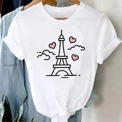 White Funny Cartoon Print T Shirt for Men and Women Paris