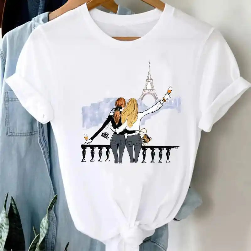 White Funny Cartoon Print T Shirt for Men and Women Paris