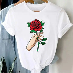 White Funny Cartoon Print T Shirt for Men and Women Roses