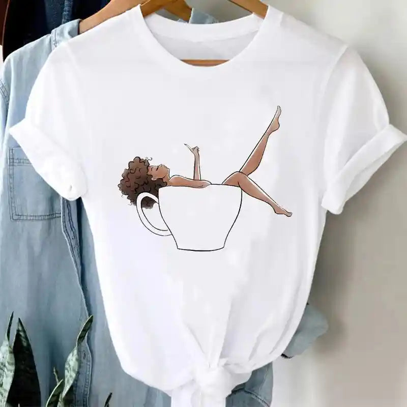 White Funny Cartoon Print T Shirt for Men and Women Woman