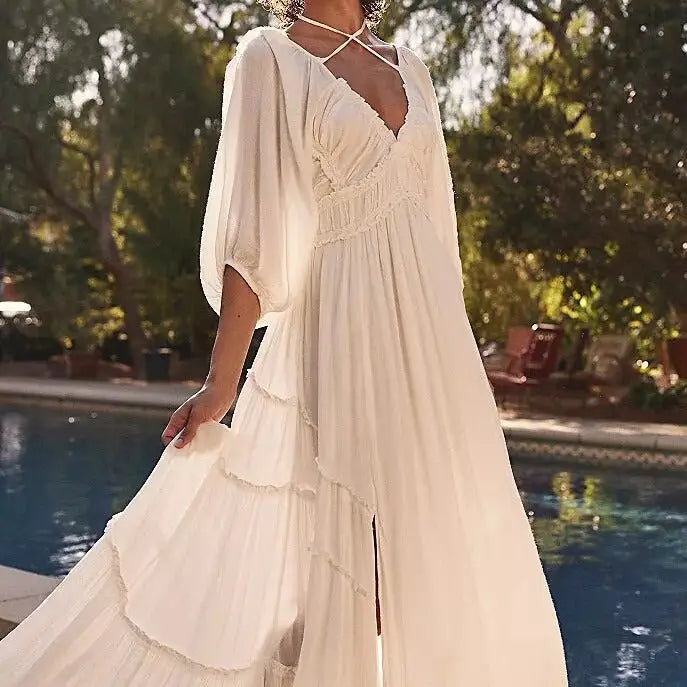 White Gown V-Neck Long Sleeve Dress