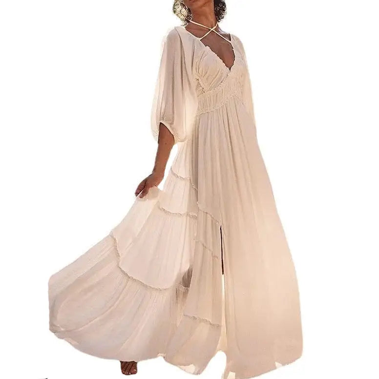 White Gown V-Neck Long Sleeve Dress - S