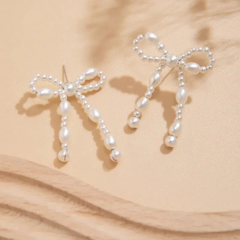 White Pearl Bow Knot Shape Drop Earring