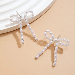 White Pearl Bow Knot Shape Drop Earring