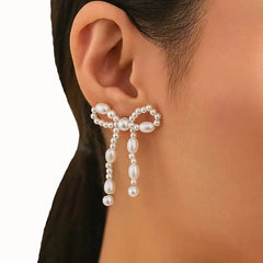 White Pearl Bow Knot Shape Drop Earring