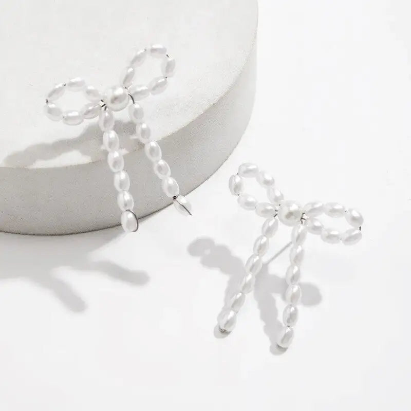 White Pearl Bow Knot Shape Drop Earring