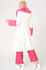White Pink Faux Leather Trench Coat with Fur Collar