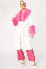 White Pink Faux Leather Trench Coat with Fur Collar