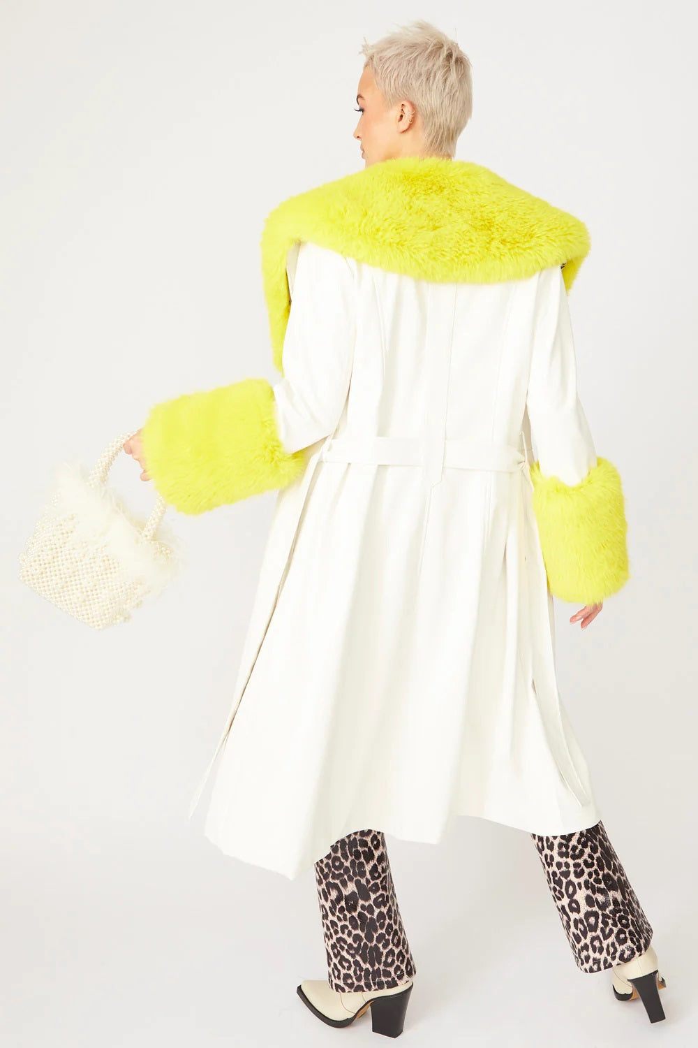 White Yellow Faux Leather Trench Coat with Fur Collar