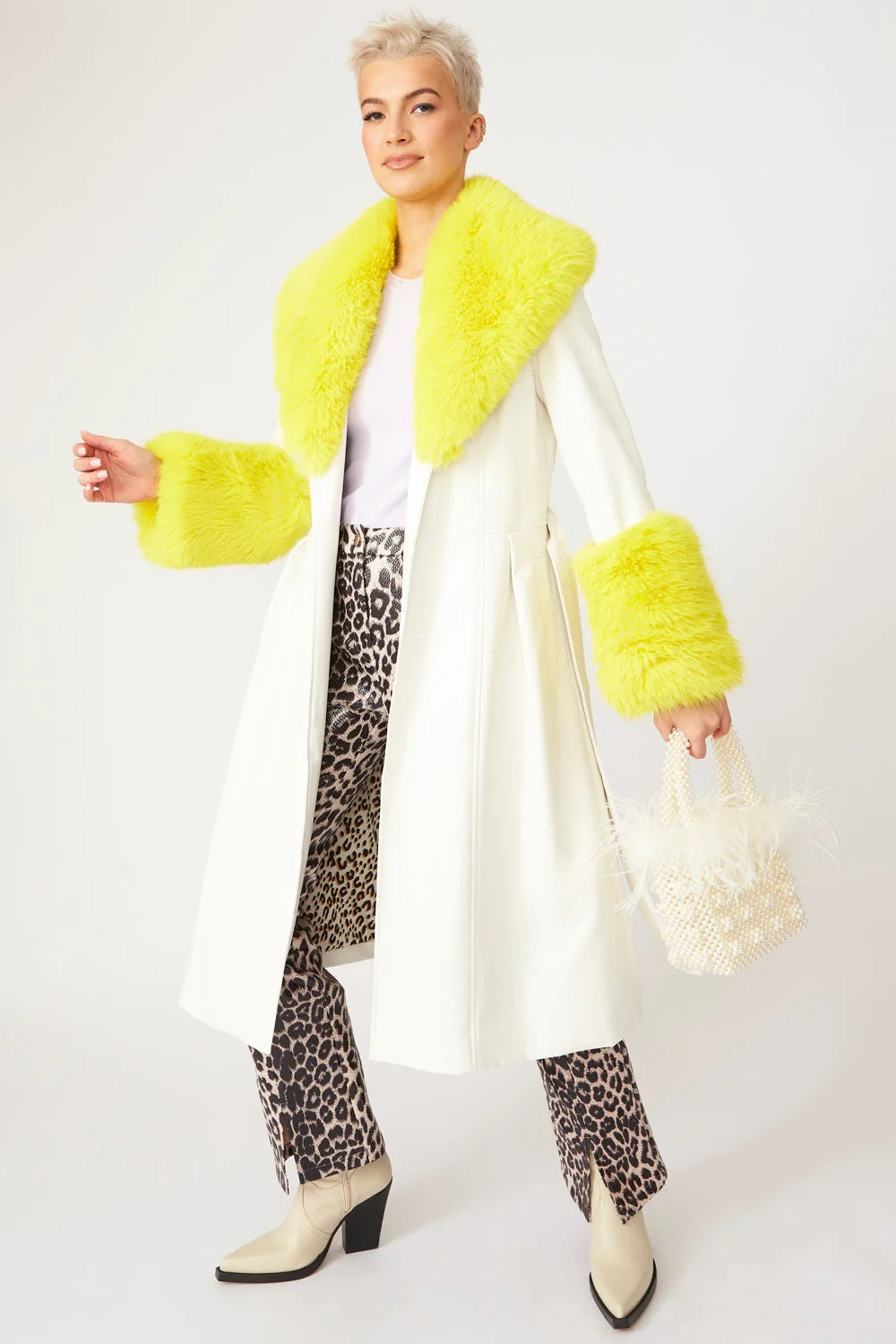 White Yellow Faux Leather Trench Coat with Fur Collar