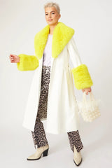 White Yellow Faux Leather Trench Coat with Fur Collar