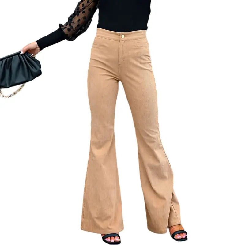 Wide-Waist Solid Color Corduroy Flared Pants