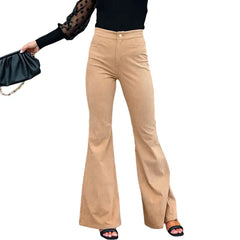 Wide-Waist Solid Color Corduroy Flared Pants - Beige / S