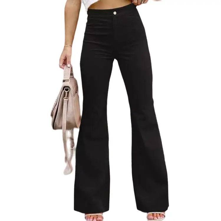Wide-Waist Solid Color Corduroy Flared Pants - Black / S