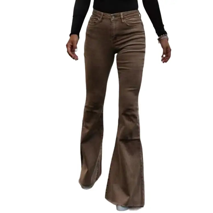 Wide-Waist Solid Color Corduroy Flared Pants - Brown / S