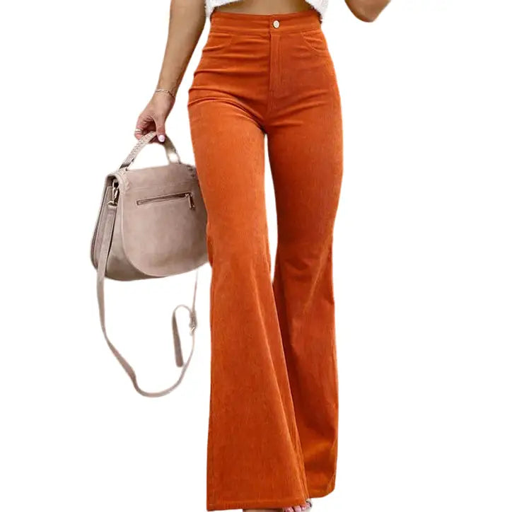 Wide-Waist Solid Color Corduroy Flared Pants - Orange / S