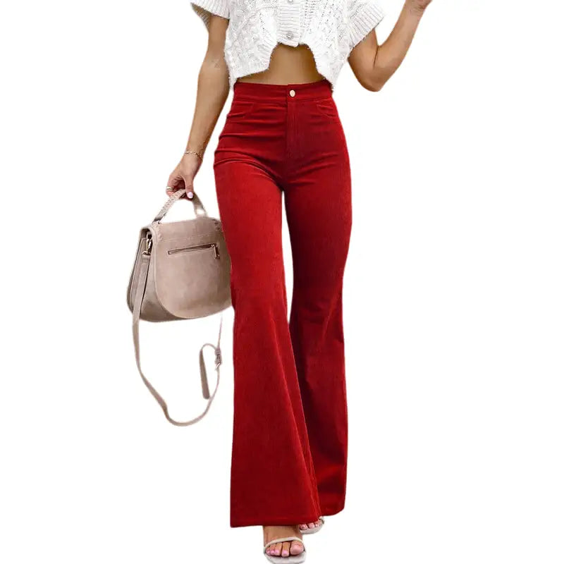 Wide-Waist Solid Color Corduroy Flared Pants - Wine Red / S