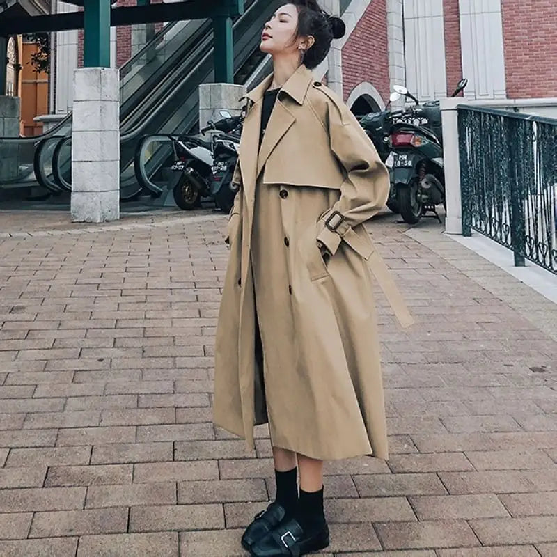 Windbreaker Fog Coat Long Sleeves - Khaki With Sashes / S