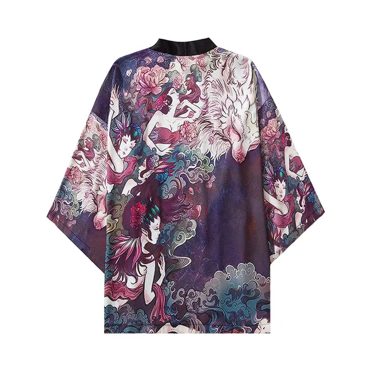 Wolf and Japanese Fairies 3/4 Sleeve Kimono