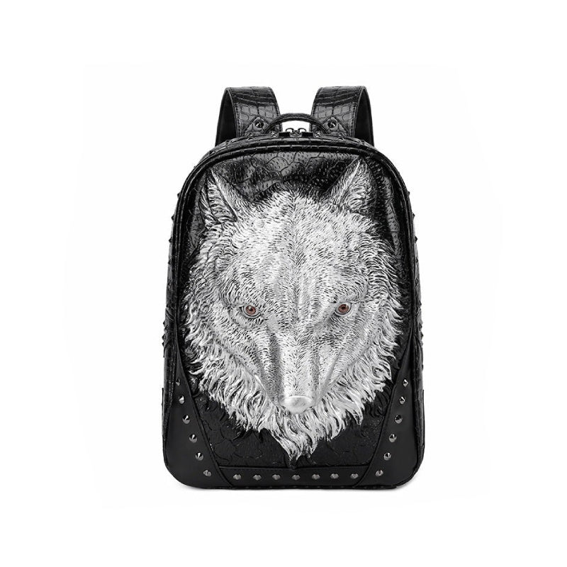 Wolf Head 3D Embossed PU Leather Backpack - Silver / One