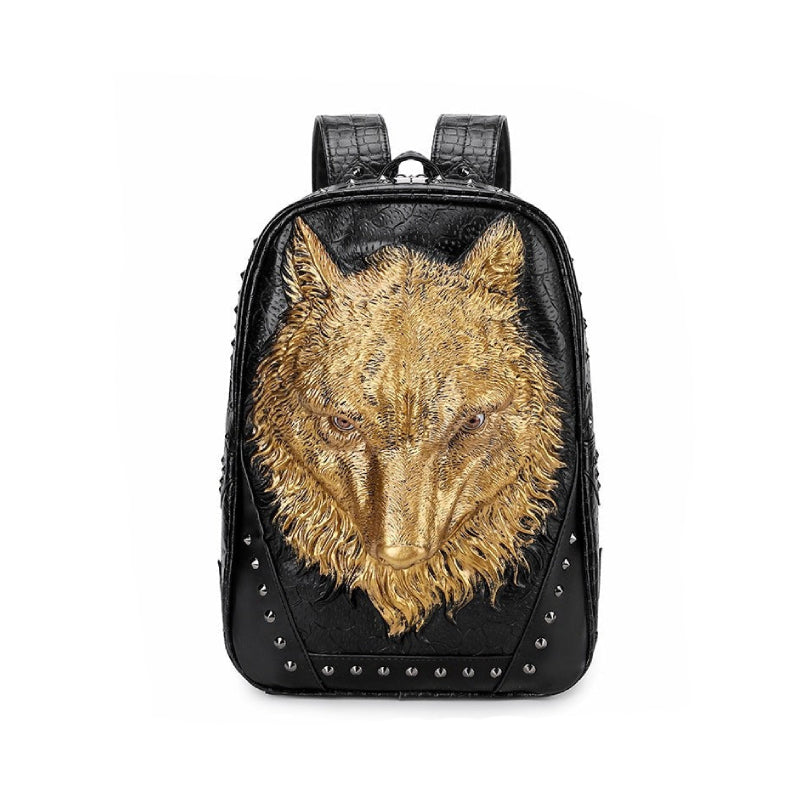 Wolf Head 3D Embossed PU Leather Backpack - Gold / One Size