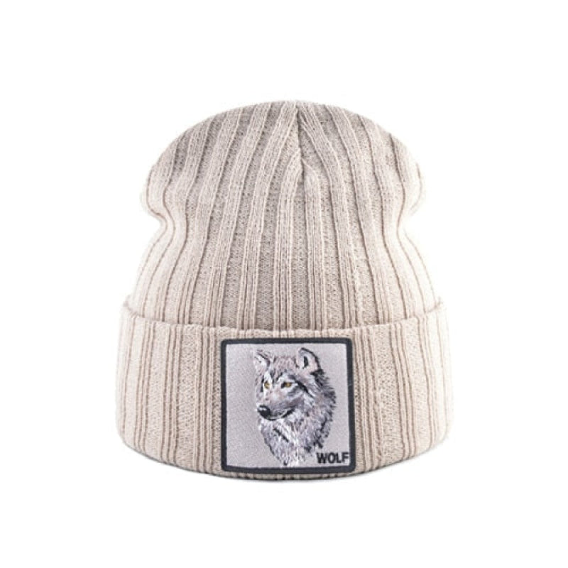 Wolf Patch Knitted Winter Soft Beanie - Beige / One Size
