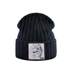 Wolf Patch Knitted Winter Soft Beanie - Black / One Size
