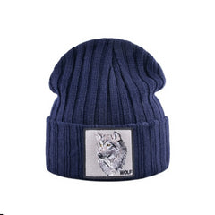 Wolf Patch Knitted Winter Soft Beanie - Darck Blue / One