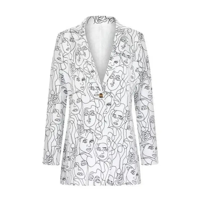 Women Abstract Faces Long Sleeves Lapel Suit Blazer