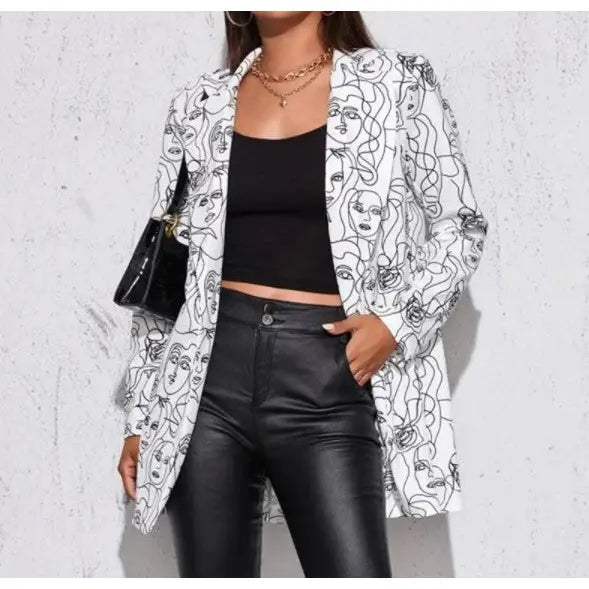 Women Abstract Faces Long Sleeves Lapel Suit Blazer