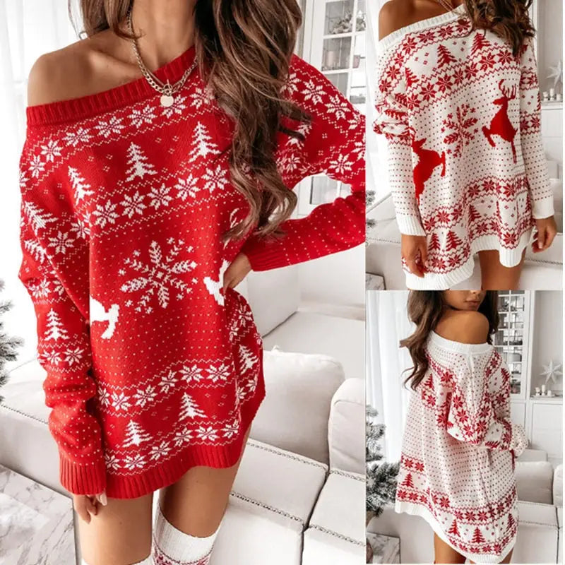 Women Knitted Long Sleeve Slash Neck Sweater