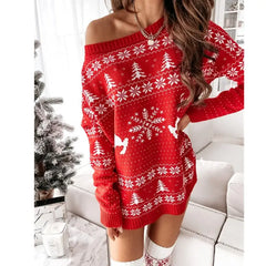 Women Knitted Long Sleeve Slash Neck Sweater