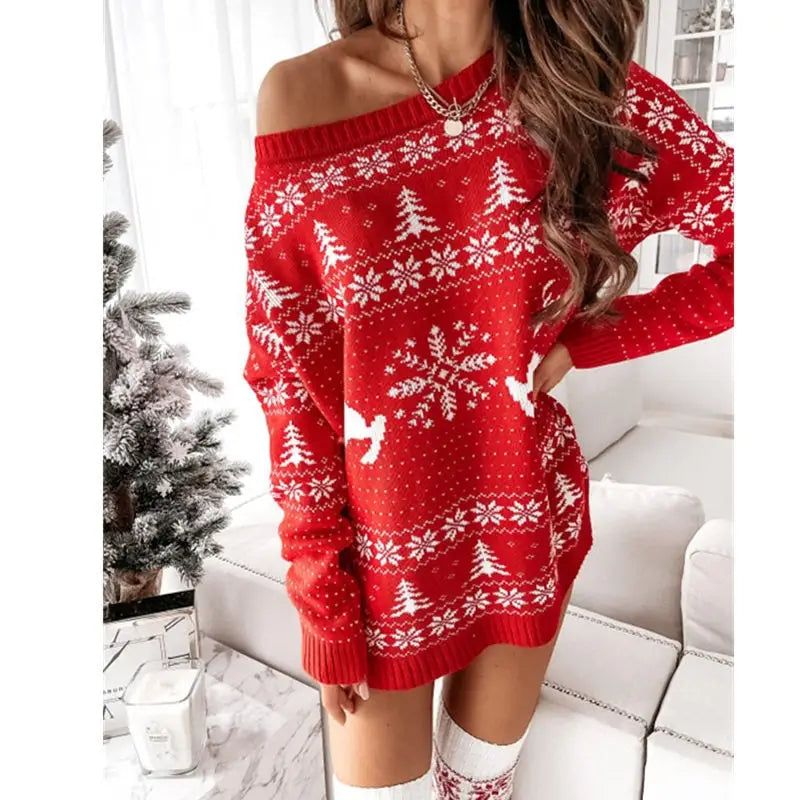 Women Knitted Long Sleeve Slash Neck Sweater