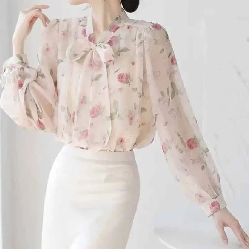 Lace Up Bow Tie V-neck Long Sleeve Shirt