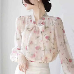 Lace Up Bow Tie V-neck Long Sleeve Shirt - Pink / S