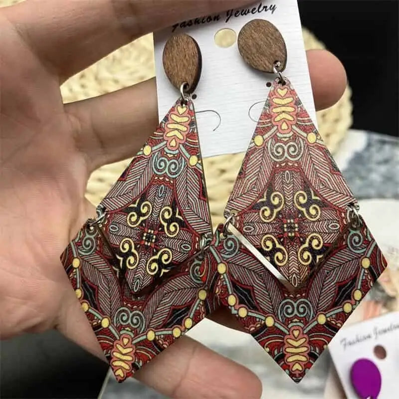 Wooden Ethnic Church Earrings Big - Brown