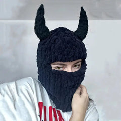 Wool Acrylic Horn Knit Balaclava with Devil Horns Black