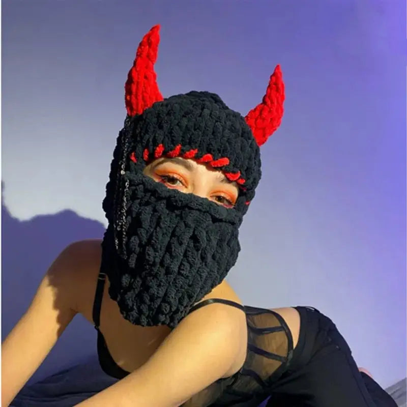 Wool Acrylic Horn Knit Balaclava with Devil Horns Black-Red