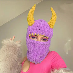Wool Acrylic Horn Knit Balaclava with Devil Horns Pink