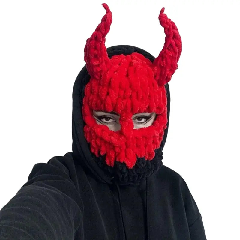 Wool Acrylic Horn Knit Balaclava with Devil Horns Red