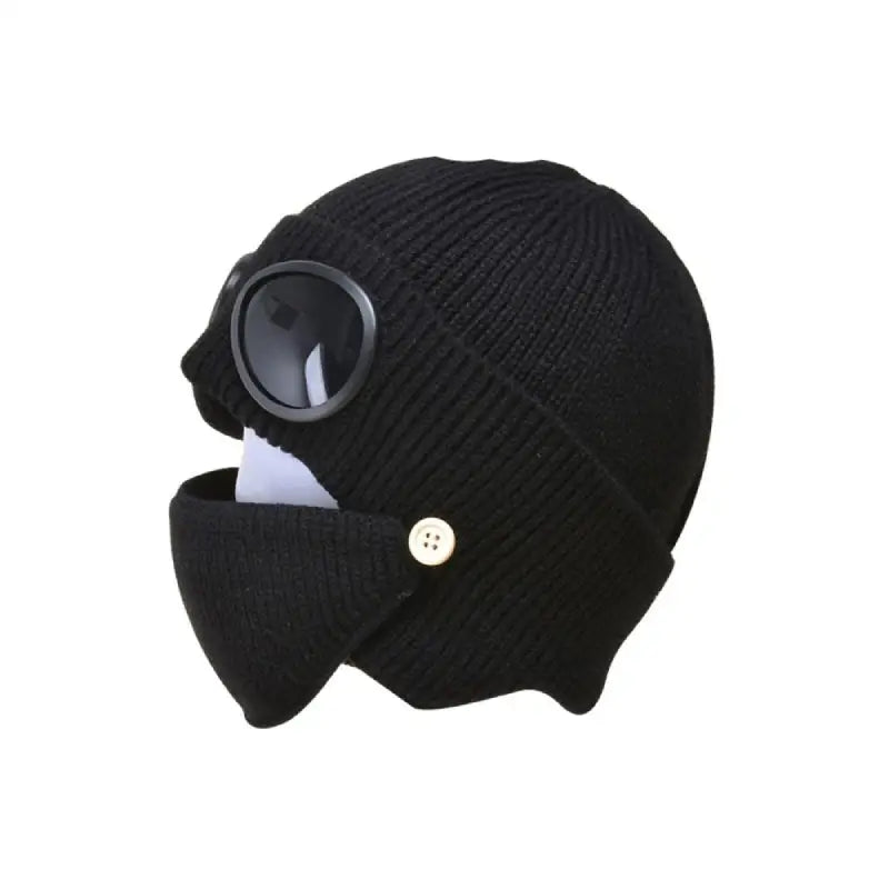 Wool Knitted Beanie with Goggles and Mask Black