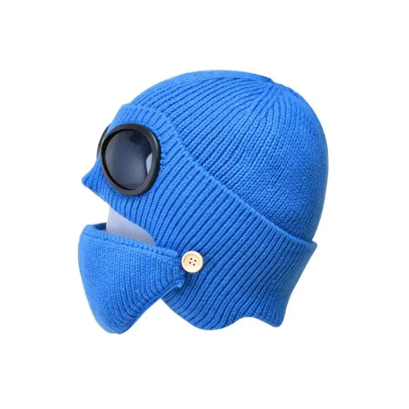 Wool Knitted Beanie with Goggles and Mask Blue