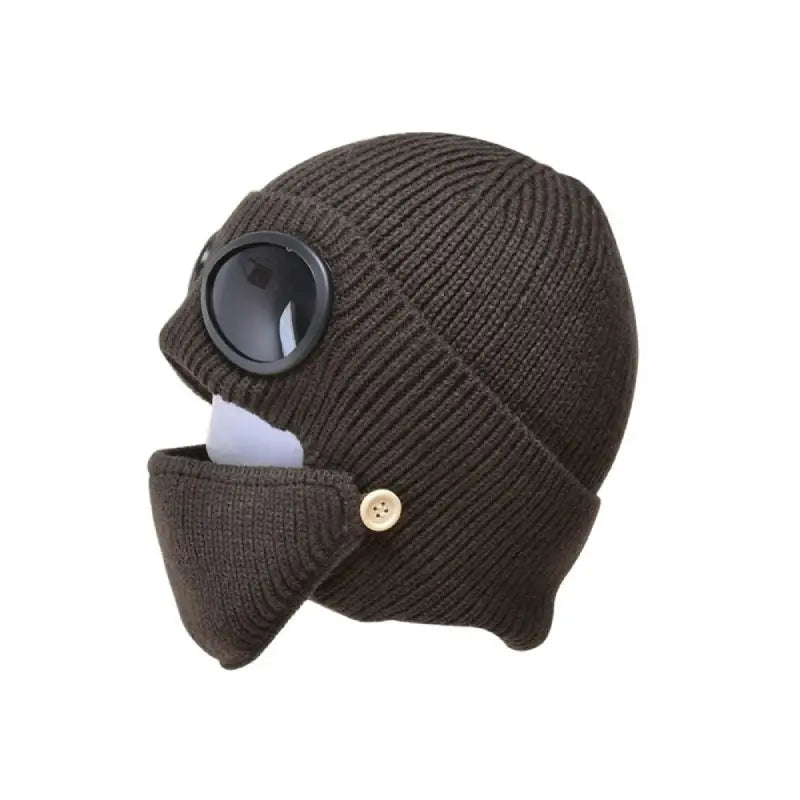 Wool Knitted Beanie with Goggles and Mask Borwn