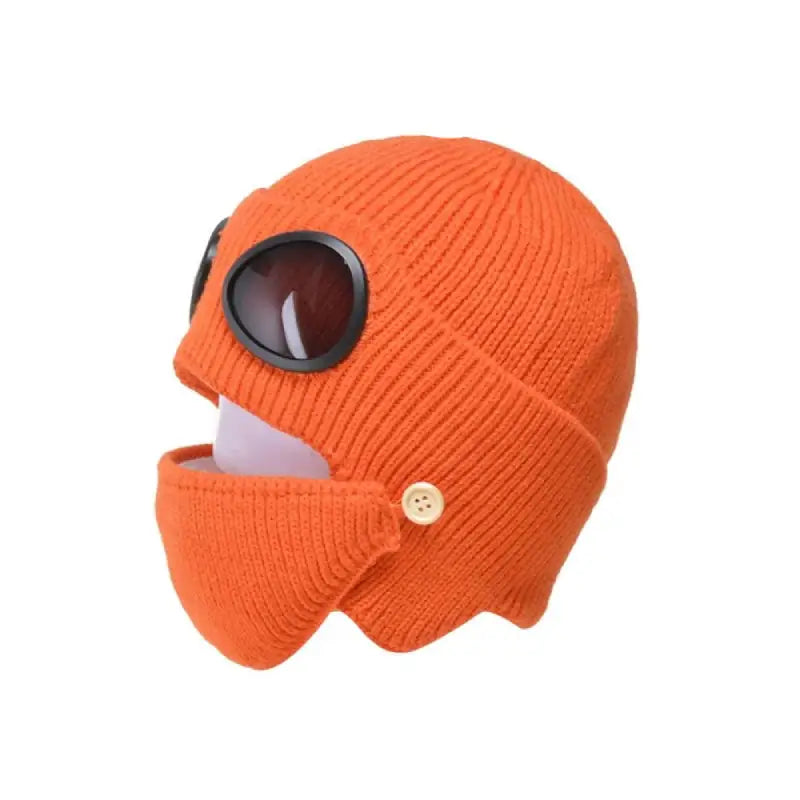 Wool Knitted Beanie with Goggles and Mask Orange