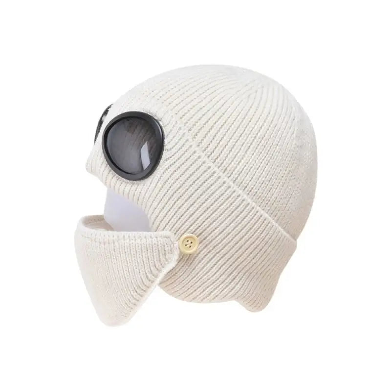 Wool Knitted Beanie with Goggles and Mask White