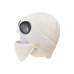 Wool Knitted Beanie with Goggles and Mask White